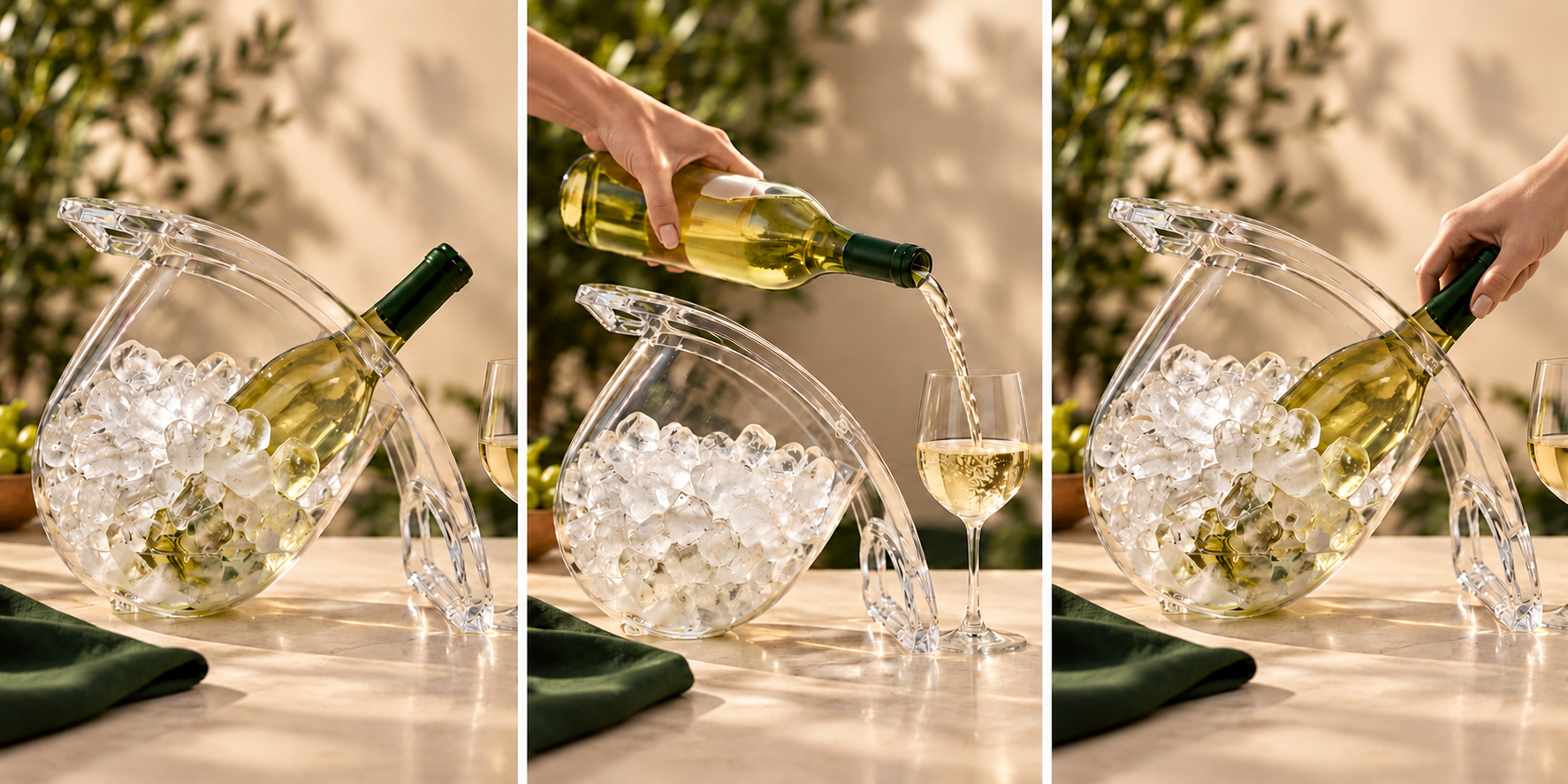 Three illustrated product scenes: a bottle in ice, pouring wine, and guiding the bottle back into the Coolin Curve